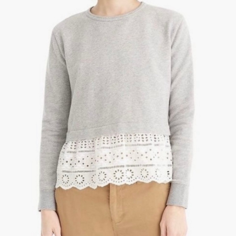 J. Crew Grey & White Eyelet Lace Hem Sweatshirt